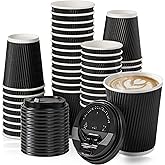 Fit Meal Prep 50 Pack 12 oz Black Disposable Coffee Cups with Lids, Corrugated Triple Wall To Go Hot Cups, Insulated Paper Coffee Cups for Hot Beverages, Travel, Home, Office (Black Lids)