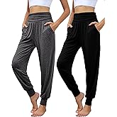 Locoowai 2 Pack Women's Yoga Joggers, Cozy Sweatpants with Pockets Casual Loose Comfy High Waisted Lounge Pants