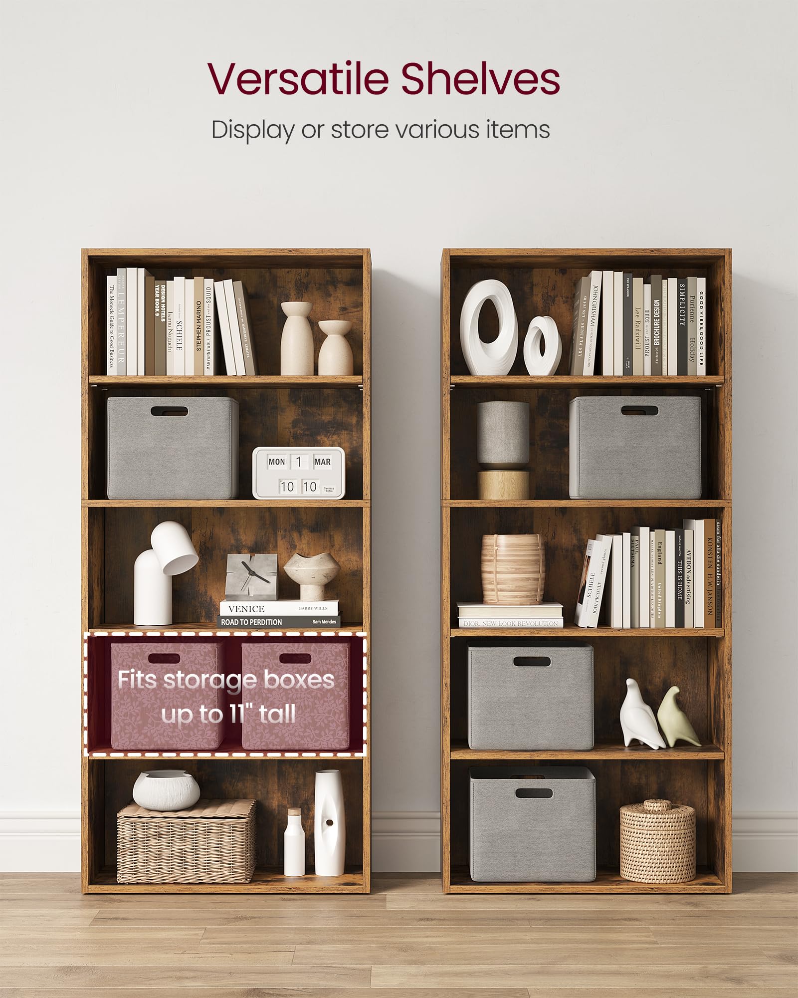 VASAGLE CUSTOS Collection - Bookshelf, 5-Tier Bookcase, Book Shelf, Open Storage Shelf, 9.4 x 23.6 x 52.8 Inches, for Living Room, Home Office, Dinning Room, Rustic Brown ULBC165X01