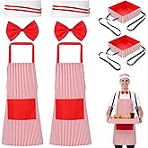 Waiter Costume Kit, 3 PCS Adult Carnival Costume, Red and White Striped Apron with 1 Pockets Chef Hat Red Bow Ties Snack Tray, 1950s Carnivals Cosplay for Circus Hot Dog Costumes, Carnival Outfit