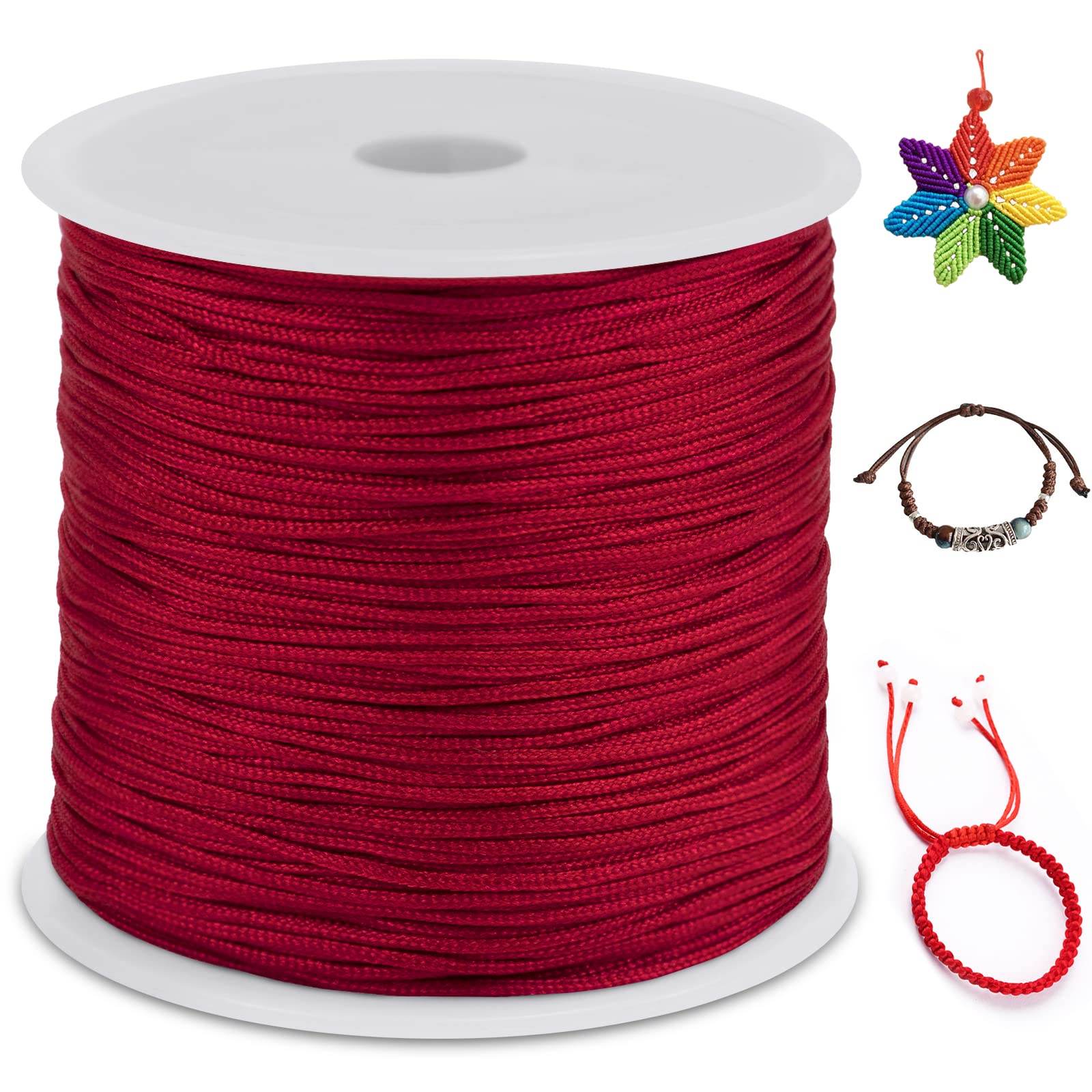 LEREATI Nylon Cord 0.8mm x 100m, Satin Cord Nylon String Macrame Cord, Coloured Beading Thread String for Making Bracelet, Necklace, Chinese Knot, Jewellery (Red)