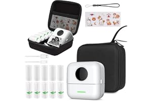 HuiJuKeJi Mini Inkless Printer for iOS&Android with Hard Protection Portable Storage Case,Bluetooth Thermal Pocket Printer with 11 Rolls of Thermal Paper＆Sticker to Print Photo Receipt