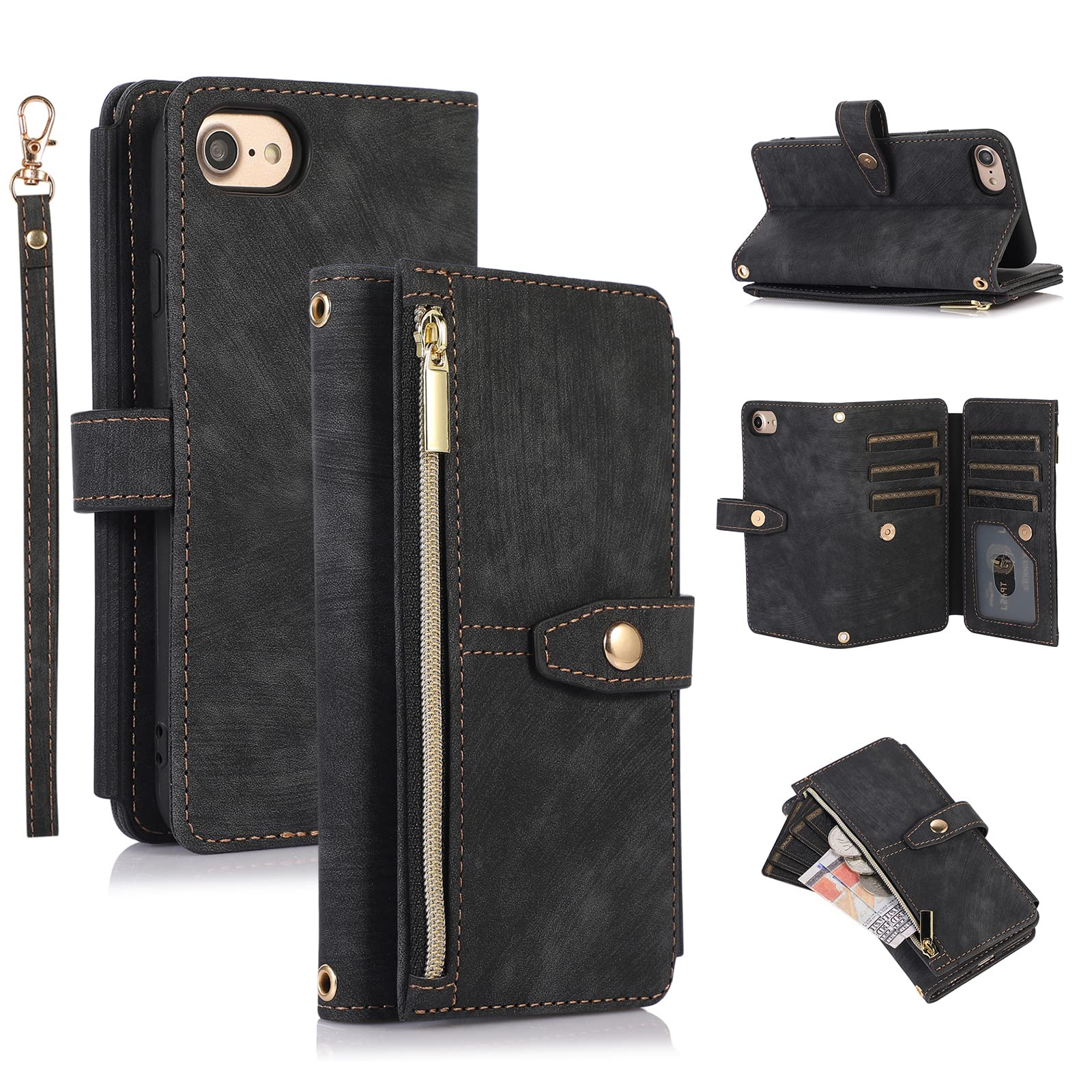 UEEBAI Case for iPhone 7/8/SE 2022 5G/SE 2020, 9 Card Slots Retro Leather Wallet Shockproof Flip Cover with Hand Strap Card Slots Zipper Pocket Kickstand Magnetic - Vintage Black
