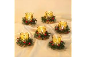 Hewory Christmas Tealight Candle Holder: Set of 6 Decorative Gold Tea Lights Candleholder with Xmas Wreath, Christmas Decoration Votive Candle Holders for Dinner Table Centerpieces Living Room Holiday