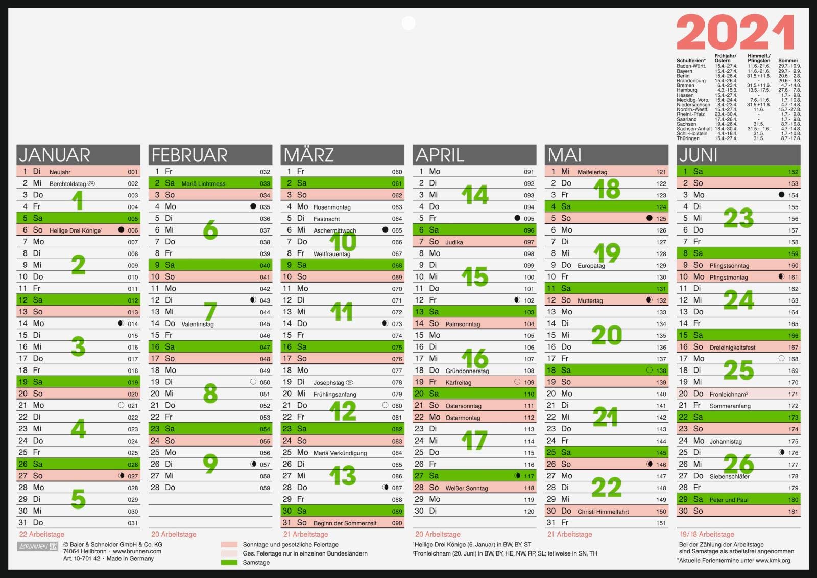 BRUNNEN 1070142001 Desk Calendar, A4 Model 701 42, 1 Page = 6 Months, Laminated on Cardboard with Black Margin, Calendar 2021