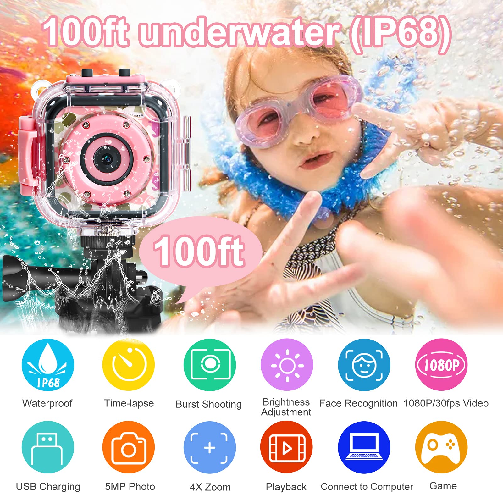 PROGRACE Kids Camera Waterproof- Children Digital Video Cameras Underwater Camera Chrismas Birthday Gift Toy for Kids 1080P DV Toddler Cameras for Girls Pool Toys Age 3-12
