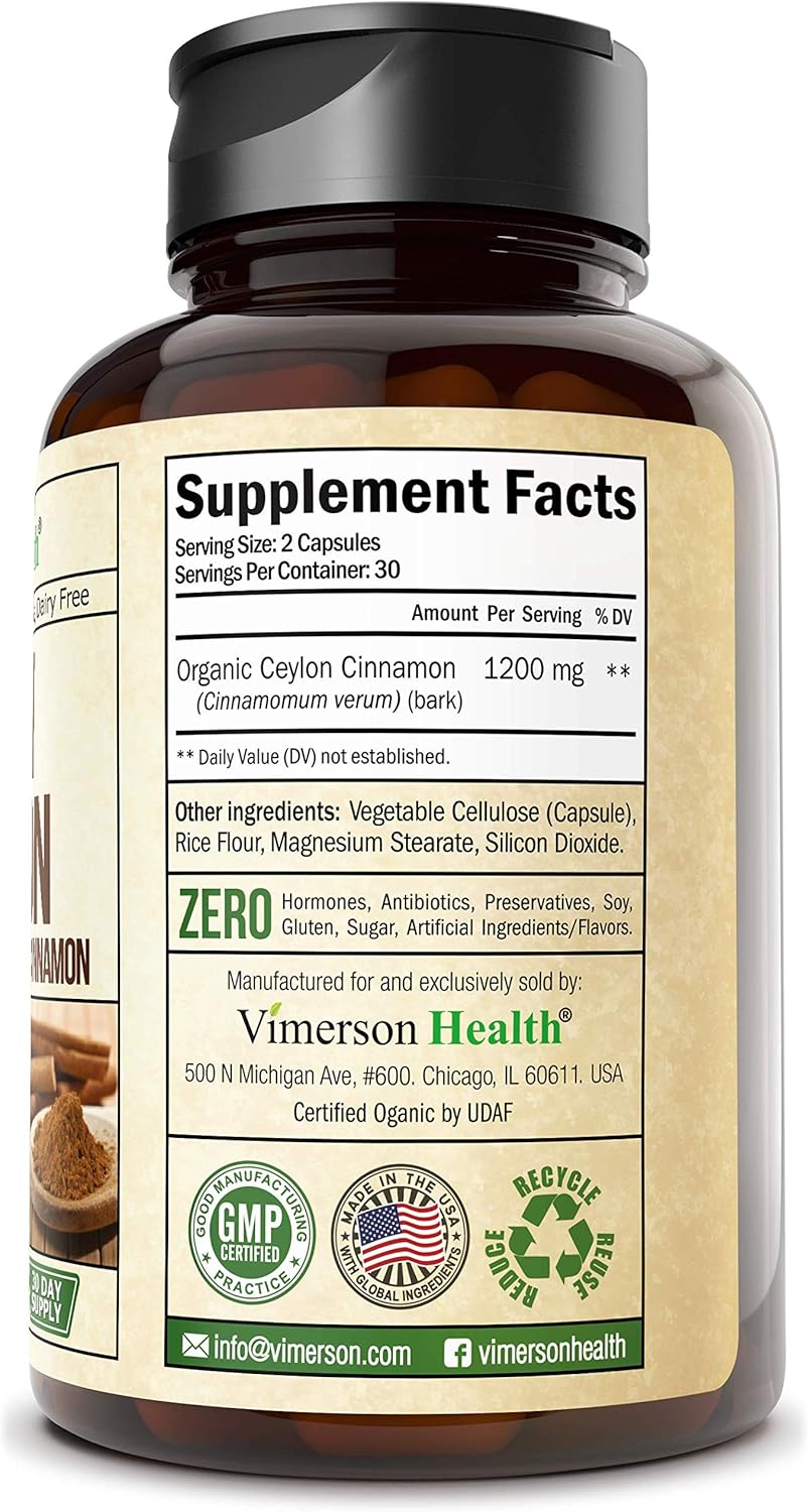 True Ceylon Cinnamon Supplement (Made with Organic Cinnamon). Supports Inflammatory Response. Plant-Based Antioxidant for Joint Support, Healthy Blood Sugar, Optimal Digestive Systems. 60 Capsules: Health & Personal Care