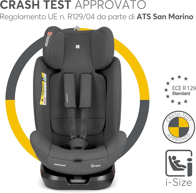 KikkaBoo Seggiolino Auto 0–36 kg ISOFIX i-Size i-MOOVE 2, 40–150 cm, Rotazione 360°, Reclinabile, Poggiatesta Regolabile, Contro e Fronte Marcia, Nero