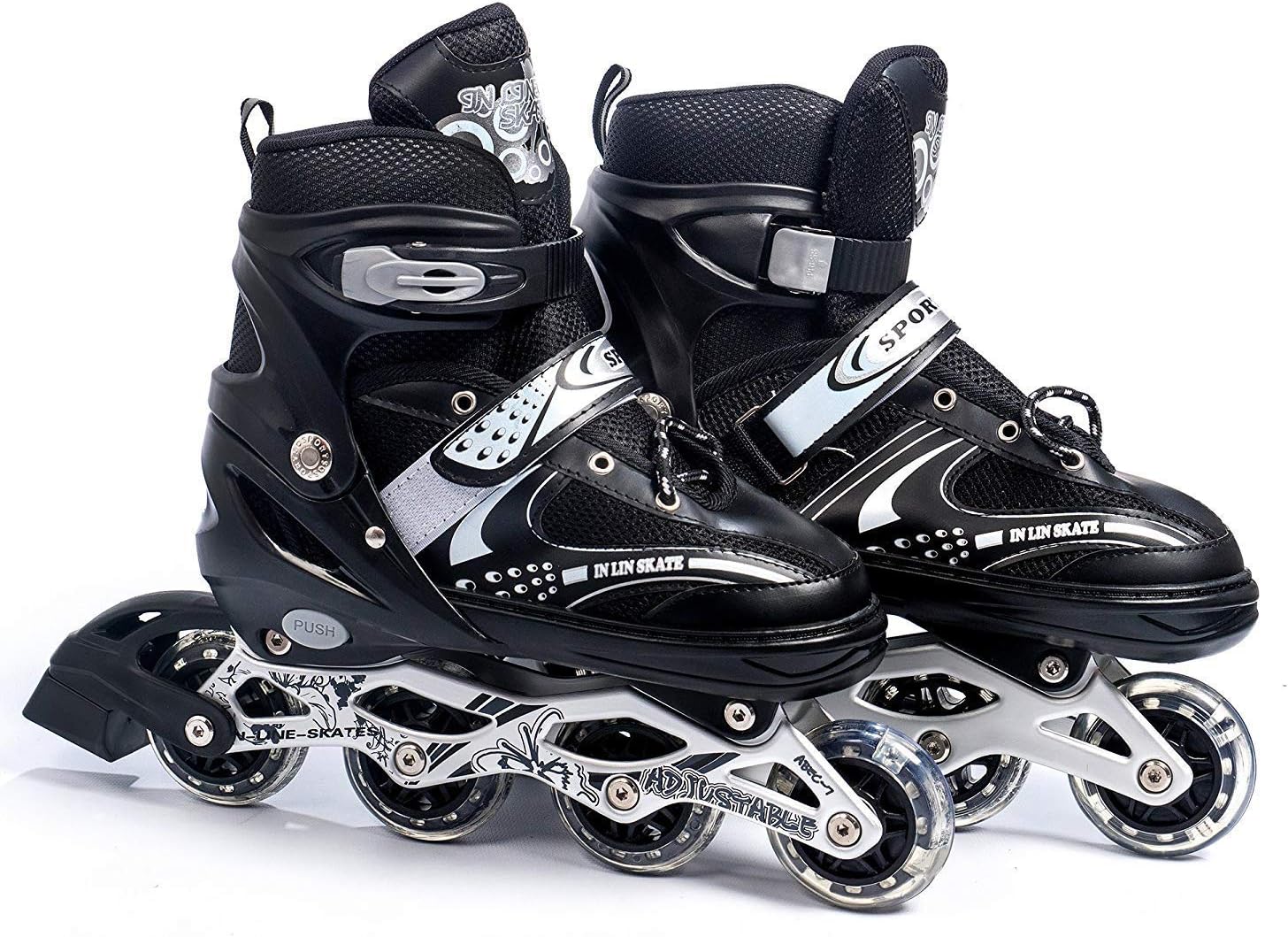 VDNSI Adjustable Inline Skates with Front Light up Wheels Beginner Skates Fun Illuminating Skates for All Boys and Girls (Black)