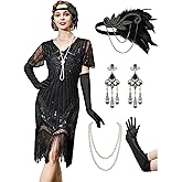 YESSA 1920s Flapper Dresses for Women,Sheer Beaded Sleeves Great Gatsby Dresses Roaring 20s Dresses Costumes with Accessories