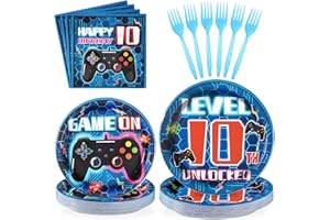 Grencian 96 Pcs 10th Video Game Birthday Party Decorations Blue Video Game Level 10 Birthday Plates and Napkins Tableware Sets for Kids Boys 10 Years Old Gamer Gaming Party Supplies Favors Serves 24