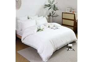 Softta Boho King Size 3Pcs Duvet Cover Set 100% Washed Cotton Bedding Set White Vintage White Pom-pom Lightweight Aesthetic for Girls Bedding Set 100% Washed Cotton Bedding Collection