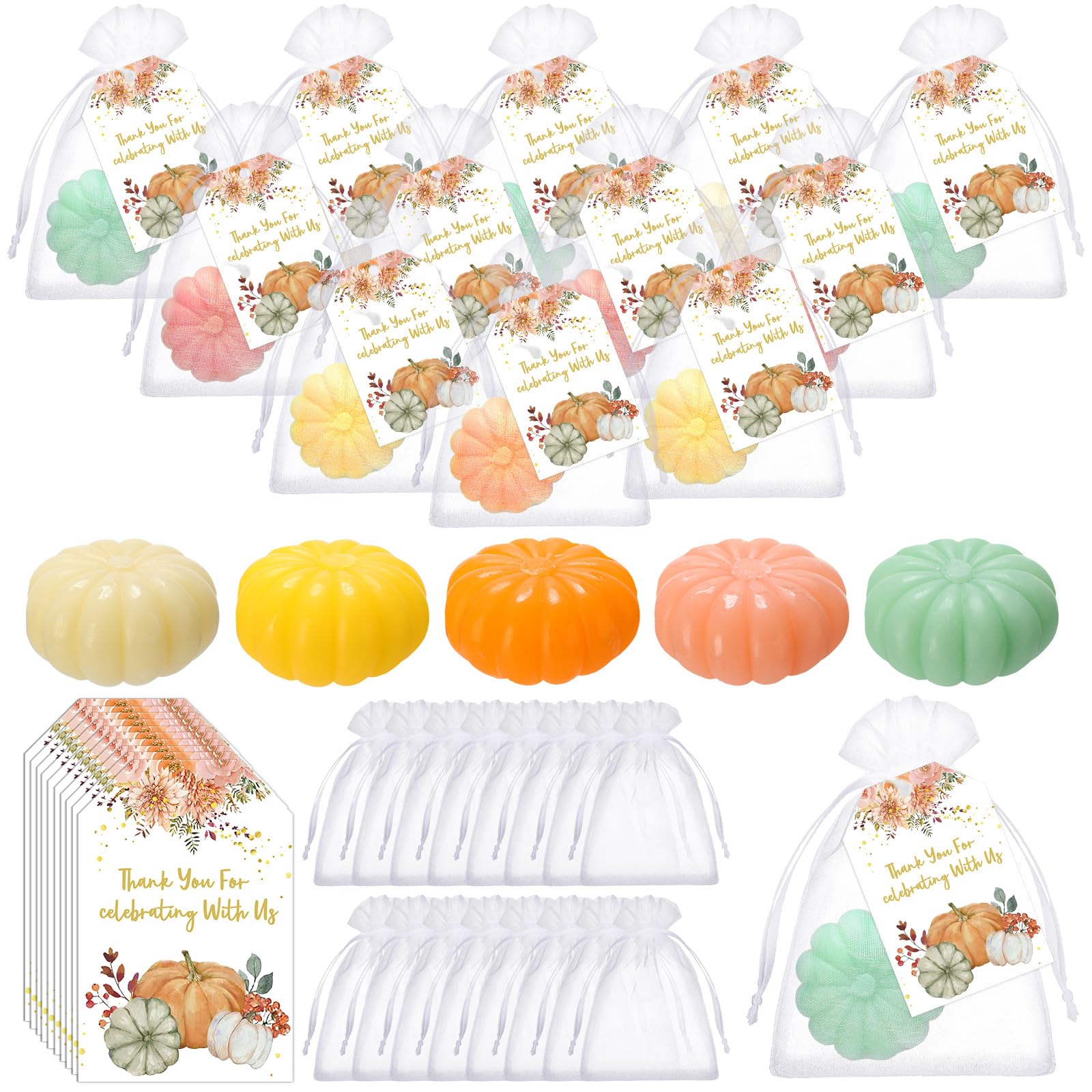 Photo 1 of Leelosp 50 Set Thanksgiving Pumpkin Soap Baby Shower Favors Fall Baby Shower Favors Include Fall Colors Mini Pumpkin Soap Thanks Cards Drawstring Gift Bags for Thanksgiving Party Decorations Gifts