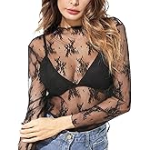 dzmelzu Floral Mesh Long Sleeve Tops for Women Sheer Lace Tops Mock Neck Sexy Going Out Tops for Casual Spring Outfits