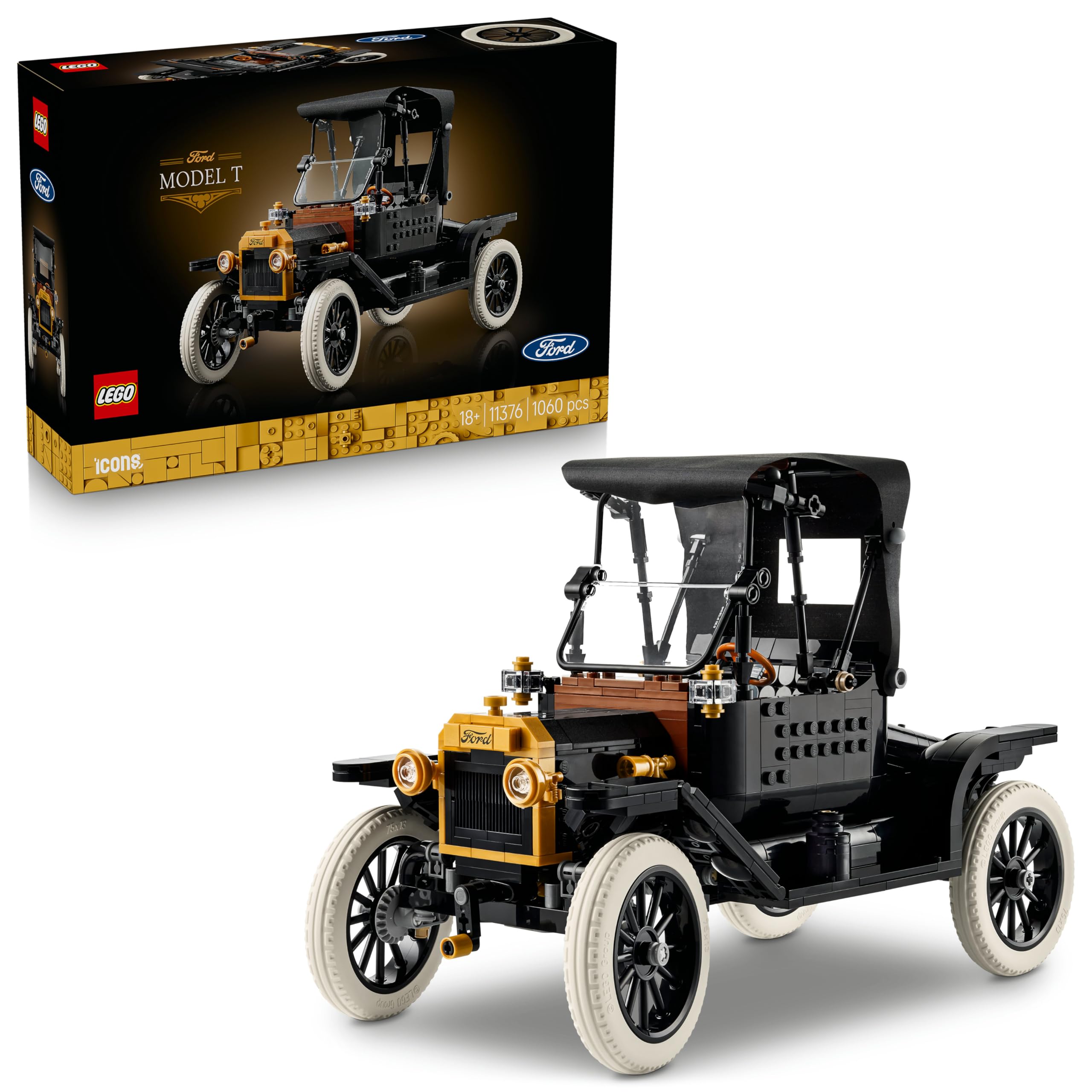 LEGO Icons Ford Model T - Retro Car Model Kit for Adults - Collectible Display Set w/Fabric Roof, Tall Wheels & Split Windscreen - DIY Gift for Fans of Classic Vehicles - 11376