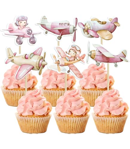 Unimall 24Pcs Traveling Airplane Cupcake Toppers Pink Heart Map Luggage Plane Cupcake Picks Travel Theme Baby Shower Birthday Party Cake Decors 2