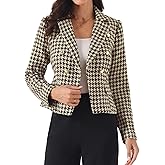 Plaid Cropped Blazer for Women Houndstooth Notch Lapel Long Sleeve Button Down Business Casual Suit Jacket
