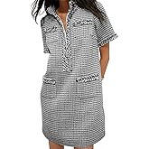 COZYPOIN Womens Tweed Mini Dress Elegant V Neck Short Sleeve Business Shift Dresses for Work Casual 2026 Fashion