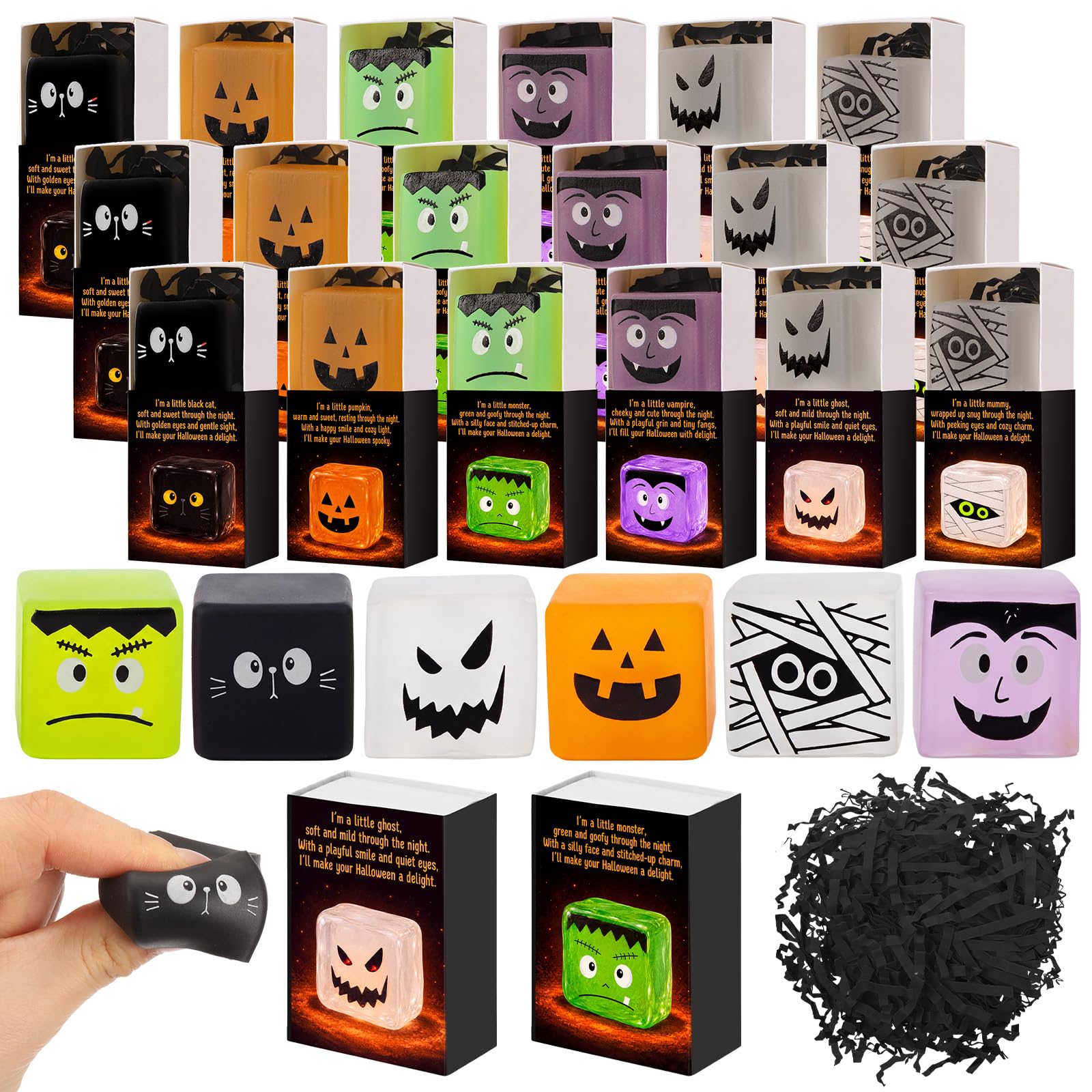 Wettarn 30 Sets Halloween Emotional Gifts Trick or Treat Party Favors | Cube Stress Balls with Boxes, 6 Styles, Halloween Spo