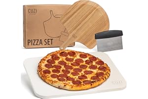 Cuzi Gourmet 3-Piece Pizza Stone Set - 15x12" Thermal Shock Resistant Cordierite Pizza Stone, 15x12" Natural Wood Pizza Peel 