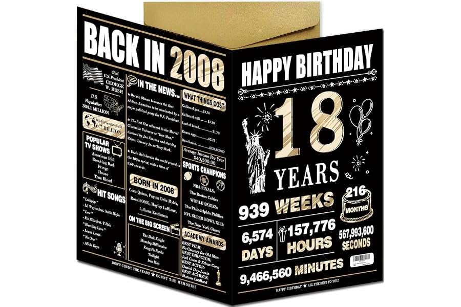 Happy 18th Birthday Card Gift Decoration for Her Him Women Men Daughter Son | Large 10.6 x 7.9 Inch,with Envelope,Double Sided,18 Year Old Milestone Memory Keepsake for Boys Girls,Black Gold,Recycled