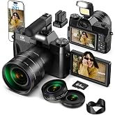 Yatao 6K WiFi Flip Screen Digital Camera, Mic &amp; Fill Light for Photography | Compact Vlogging Camera for YouTube &amp; Beginners, 16X Zoom Dual Lens with 64GB Card, Perfect for Content Creators,Black