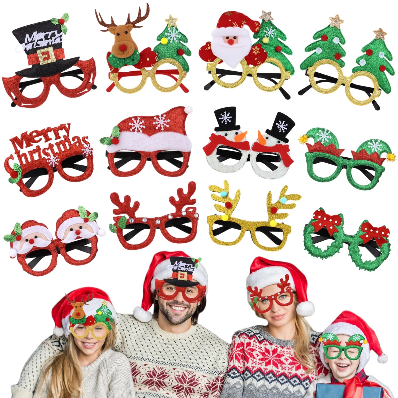 Itoyx 12PCS Christmas Glasses - Party Glasses Decorations Eyewear Accessories Favors - Tree Santa Claus Photo Booth Props Costume