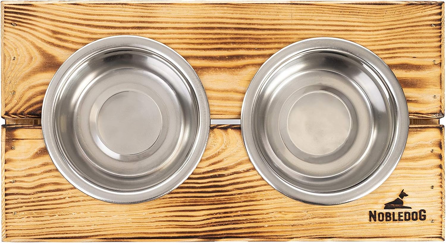 Nobledog Pinewood Double Feeding Station, Stainless Steel Bowls, Food Bowl Holder, Ergonomic, for Dogs, Brown, 2 x 0.3 L - Image 3