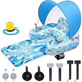 ShinyRelief Motorized Pool Float for Adults with Canopy | Inflatable Pool Lounger with Dual Motors, Cup Holders, Foot Pump, Raft Holds up to 220lb, Electric Floaty for Lake Water