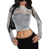 Remidoo Women's Mesh Tops Long Sleeve Crop Top Crewneck Tie Dye Cropped T Shirt Silver Small