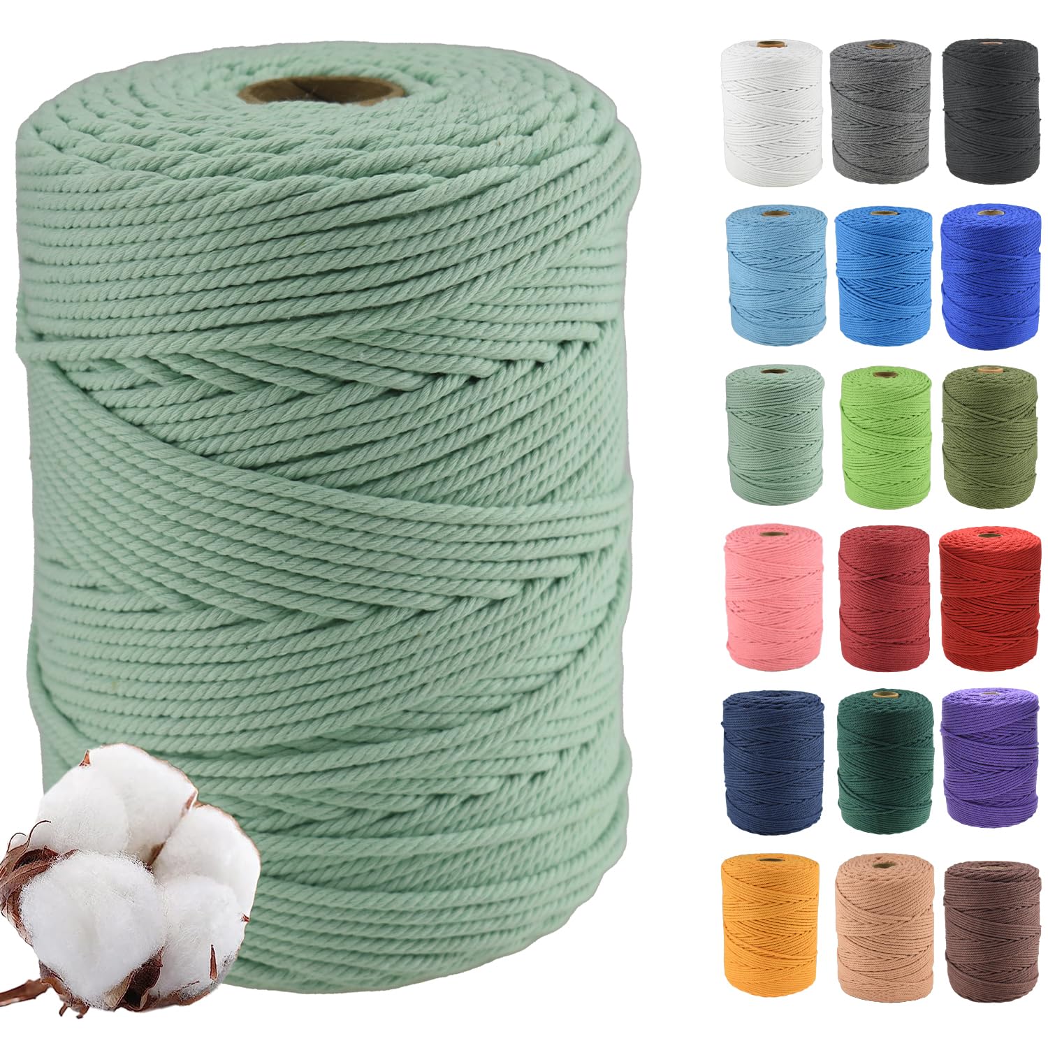 Klhamky 3mm×500m Macrame Cotton Cord, Soft 4 Strand Twisted 100% Natural Cotton for Handmade Wall Hanging, DIY, Craft Making, Knitting, Plant Hangers, Decorative Projects(3mm×500m,Flower Green)