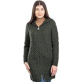 SAOL 100% Merino Wool Aran Irish Cardigan for Women with Pockets, Hood and Celtic Zipper