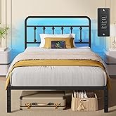 Rolanstar Twin Bed Frame, 14 Inch Metal Platform with Headboard, Charging Station & LED Lights, Under Bed Storage, Heavy Duty, No Box Spring Needed, Easy Assembly, Black