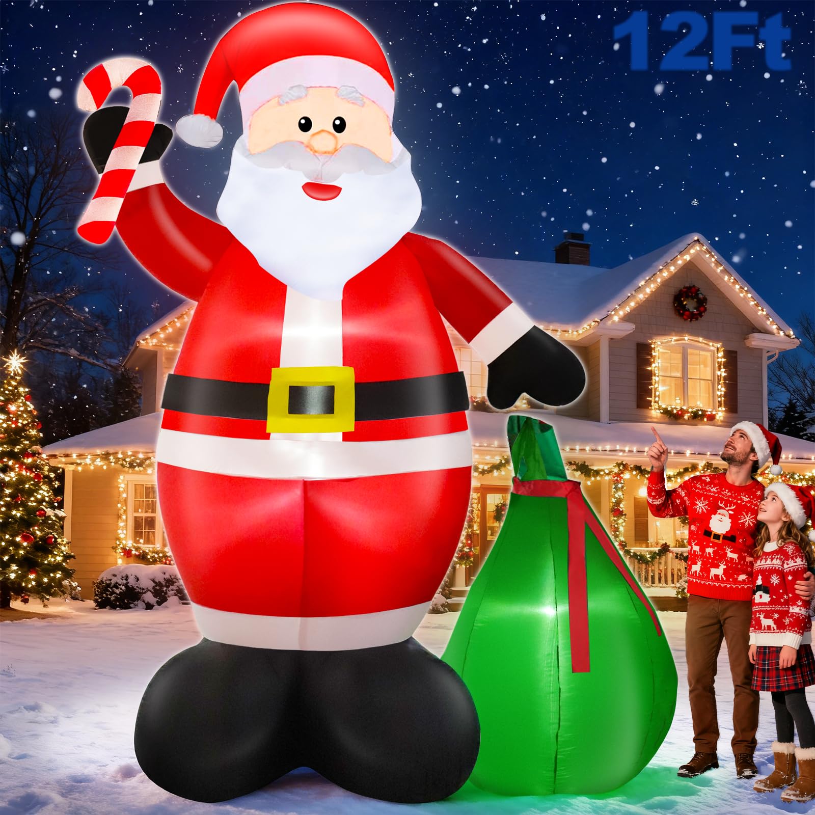 Photo 1 of 12 Ft by 7.6 Ft Giant Christmas Inflatables Decorations Outdoor Santa Claus with Gift Bag with LED Light for Christmas Blow Up Yard Decor for Lawn Garden Party Holiday Xmas Decorations Cute Fun