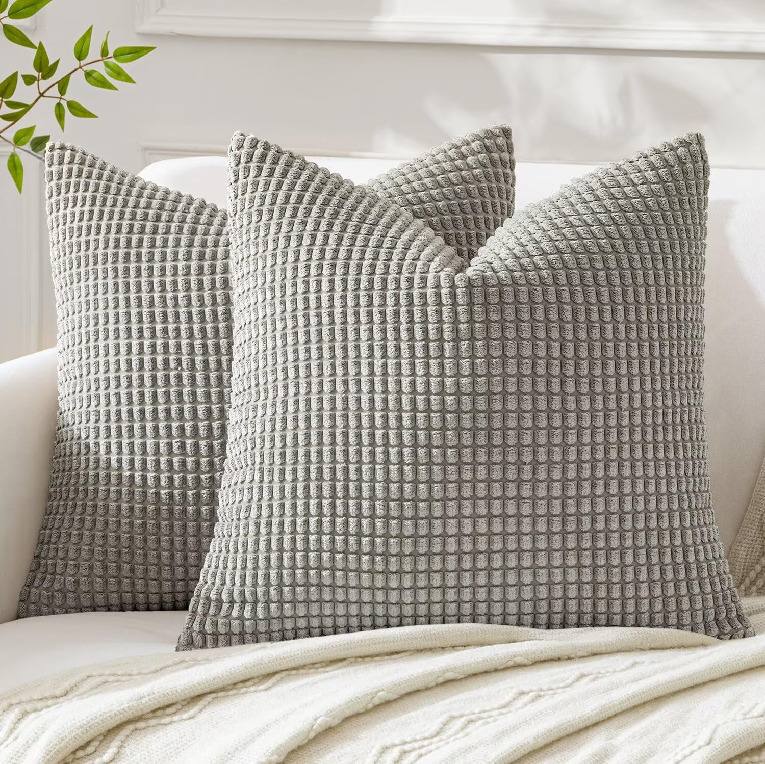 MIULEE Cushion Covers 65 x 65 cm Decorative Corduroy Silver Cushions Throw Pillow Square 26 x 26 Inches Striped Solid for Sofa Couch Home Bedroom Set of 2
