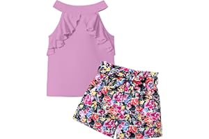 MIGU Girls Clothes Summer Halter Neck Ruffle Sleeveless Top Fashion Cute Floral Belt Shorts Two Piece Outfit Set Size 6-12