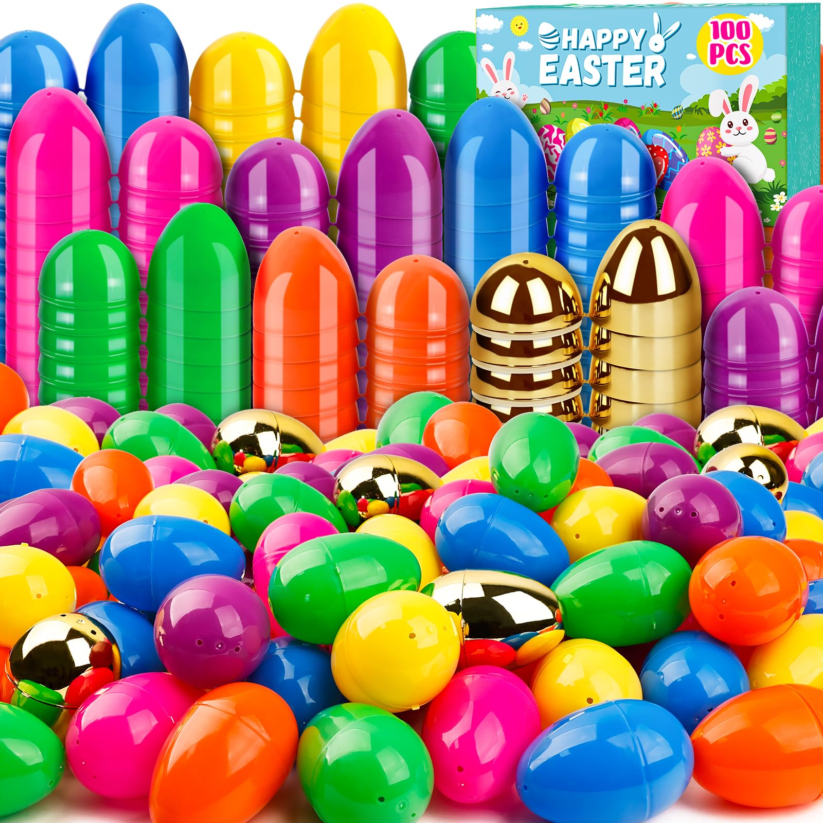 Photo 1 of 100 PCS 3 Inch Large Plastic Easter Eggs Bulk Include Surprise Golden Eggs, Colorful Fillable Empty Eggs for Easter Basket Stuffers Fillers Easter Hunt Filling Party Favors Classroom Prize Supplies