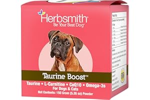 Herbsmith Taurine Boost - Cardiac and Heart Support for Dogs and Cats - Taurine Supplement for Dog and Cat Heart Health – with CoQ10, Taurine and L-Carnitine for Dogs - 150g