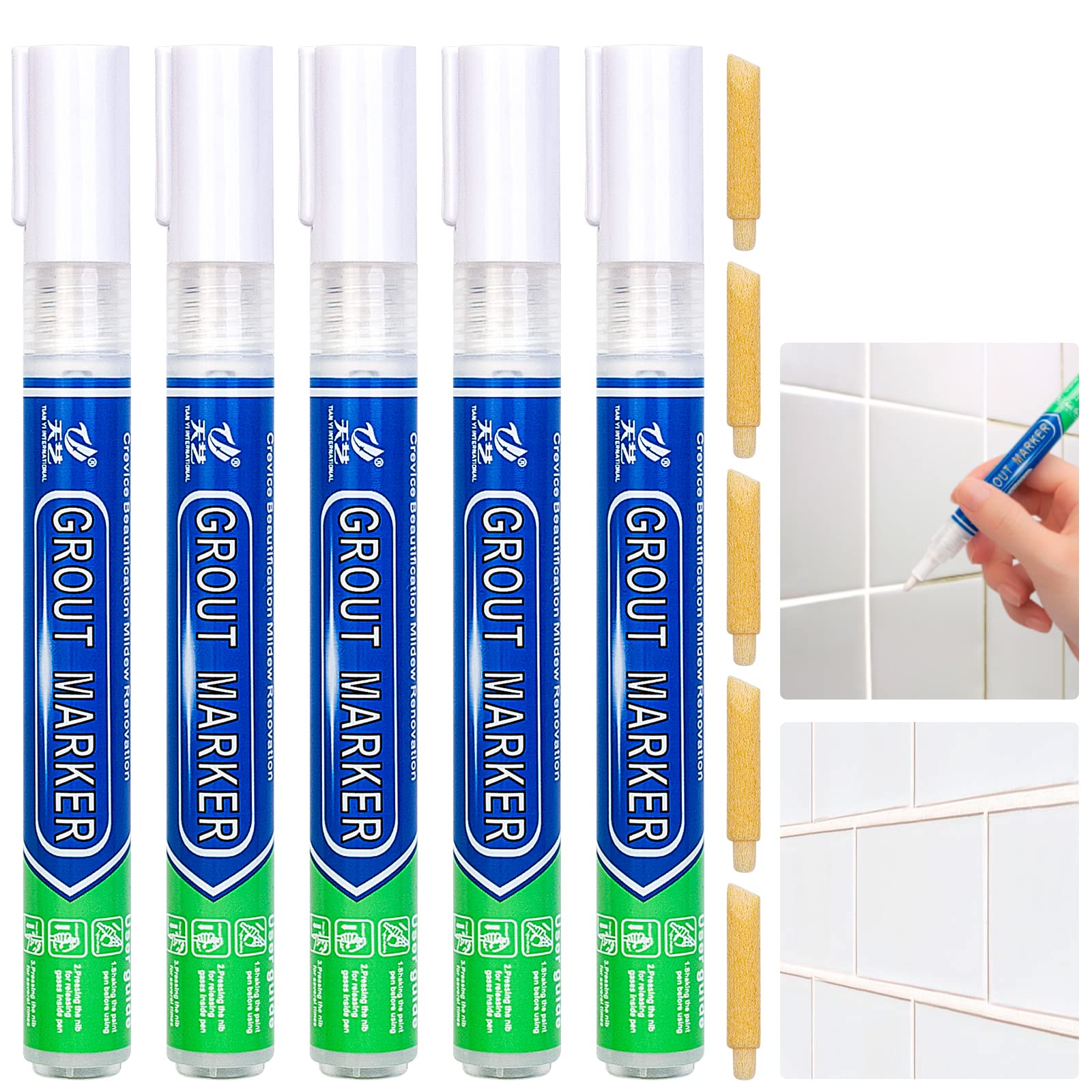 5 Pcs Tile Grout Pen Set in White for Wall and Floor Repair - Restoring Joints in Bathrooms and Kitchen