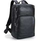 Masa Kawa Black Leather Backpack Men, 16" Laptop Business Work Travel Bag | Water Bottle Holder, Luggage Strap, Computer Sleeve, Waterproof Large Professional Overnight Weekender Trip College Daypack