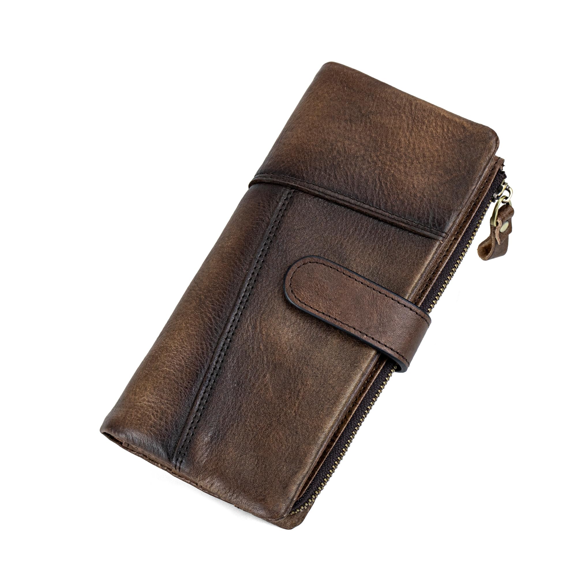 LETEULO Woman's RFID Wallet Leather Card Holder with Zipper Splicing Retro Style Coffee