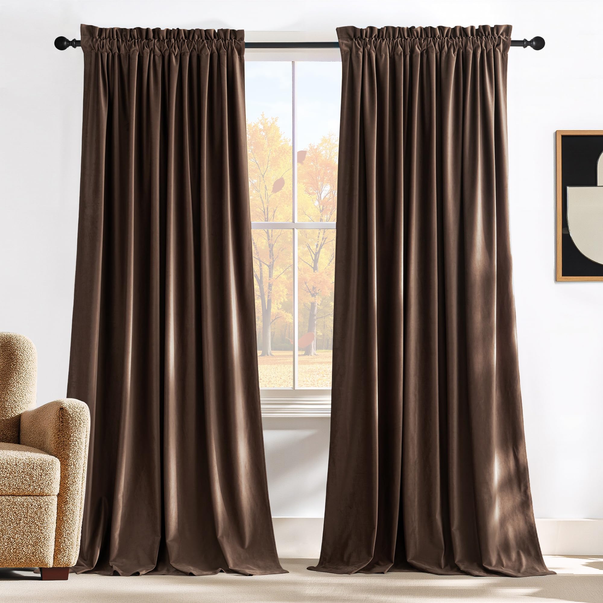 Photo 1 of NICETOWN Brown Velvet Blackout Curtains 96 inches Long, Room Darkening Home Decor Light Blocking Thermal Insulated Rod Pocket Drapes for Theater and Movie Room (Set of 2, 52 x 96)