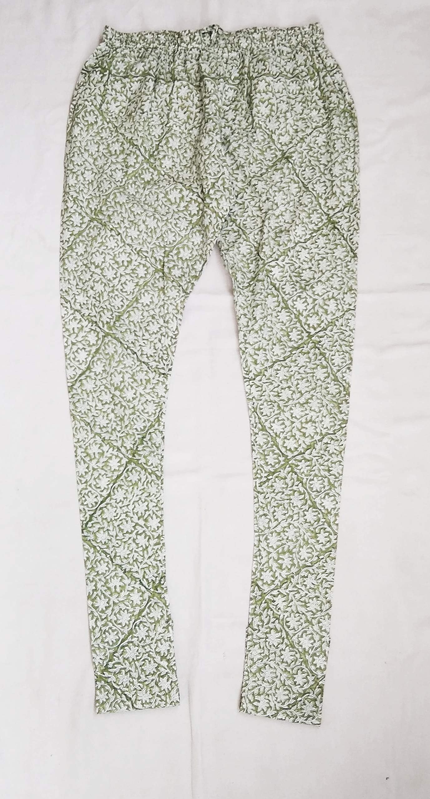 "Lily Pulitzer" Green Floral Vine Anokhi style block print Indian cotton Chuidar Harem pants