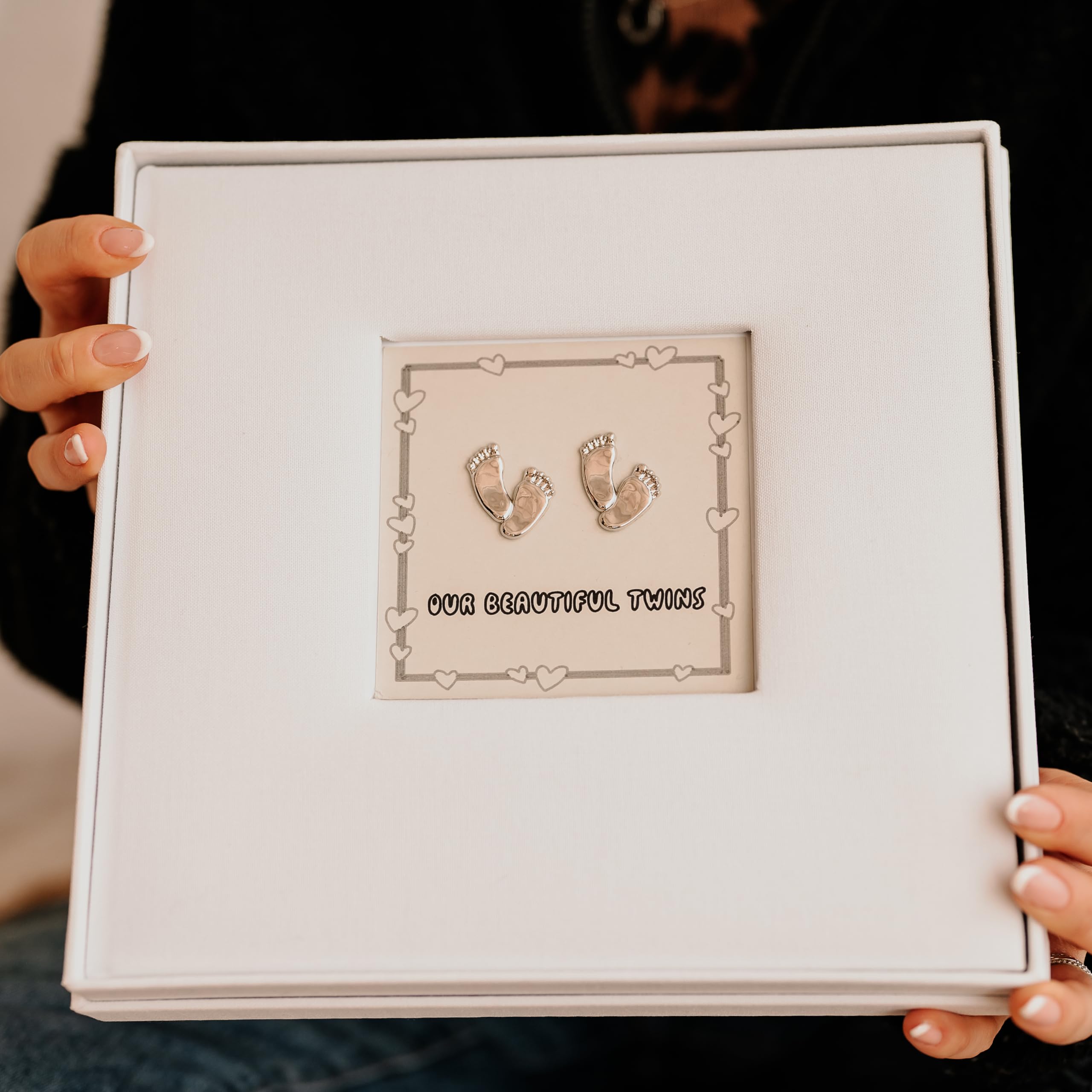 Our beautiful twins (neutral) photo album, soft dove grey design on white linen fabric album (boxed gift - Holds 6x4 photos x 100) with lined message area