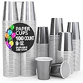 Party Solids Metallic Silver Paper Cups 9 oz Durable Disposable Cups 100 Paper Tumblers for Hot Drinks and Cold Drinks Thick 280 GSM Hot Cup for Tea & Coffee Cup To Go Fun Colors for Parties & Events