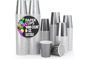 Exquisite Metallic Silver Paper Cups - 9 oz Disposable Coffee Cups 100 Paper Cups for Hot/Cold Drinks - Durable Disposable Cu