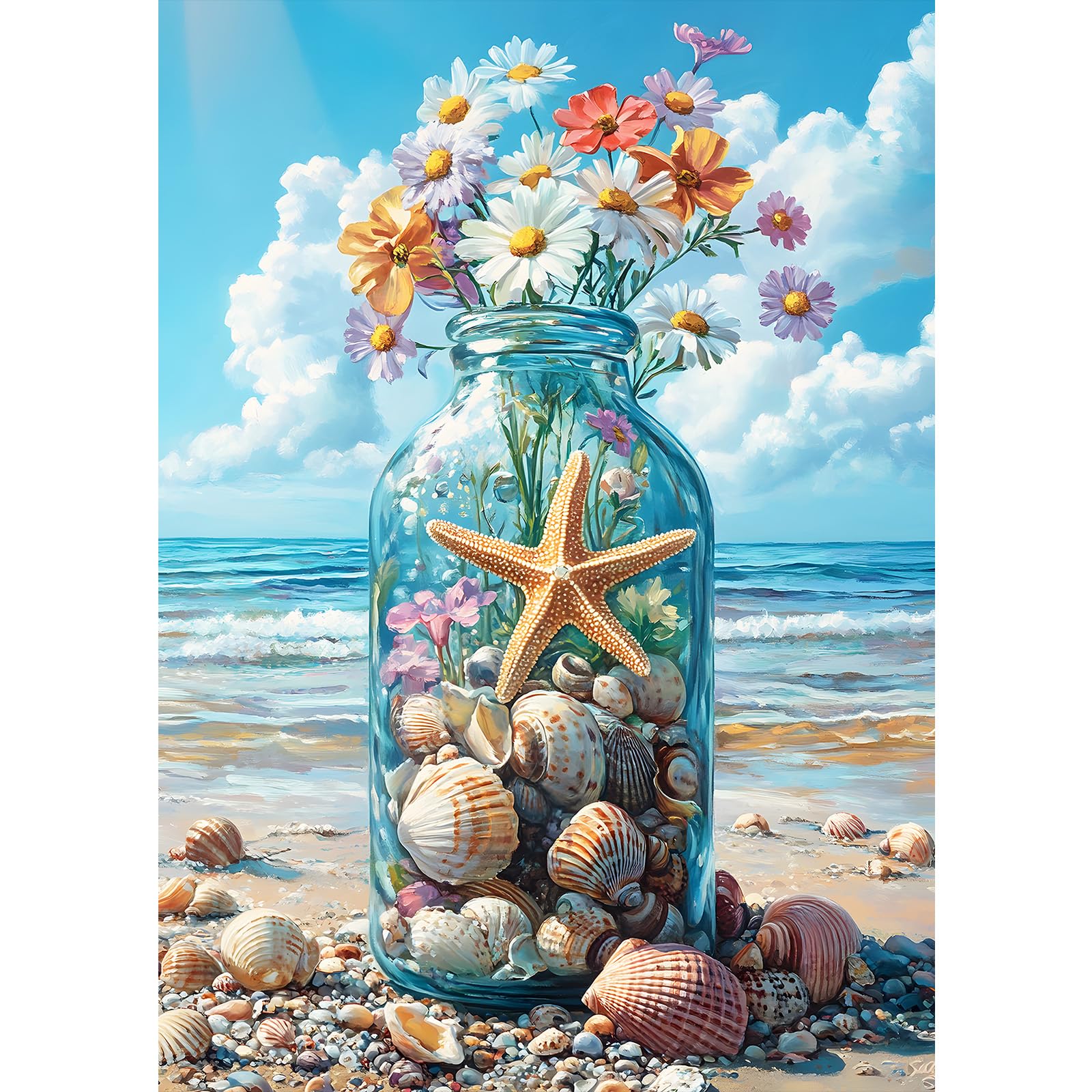 MXJSUA DIY 5D Flower Diamond Painting Kits for Adults, Beach Bottle Diamond Painting Art Kit Full Round Gem Drill Painting Embroidery Cross Stitch Diamond Decoration 30x40 cm