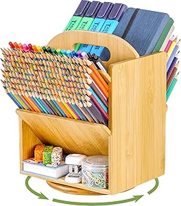 Marbrasse Bamboo Rotating Pen Organizer , Large Capacity Pencil Holder, Art Supply Organizer with 6 Compartments - Home Office Supplies Desktop Storage Caddy for Colored Pencil,Pen,Marker