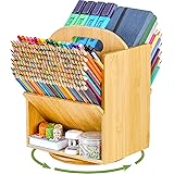 Marbrasse Bamboo Art Supply Organizer, Rotating Pencil Pen Holder with 6 Compartments, Hold 400+ Pencils, Office Supplies Des