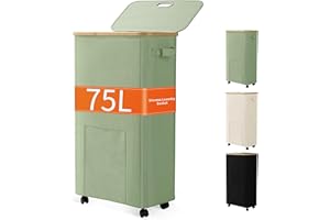 Vincona Laundry Basket with Wheels, Dirty Clothes Hamper on Wheels, Rolling Tall Laundry Hamper with lid for Laundry Room, Dorm and Bathroom, 75L Sage Green